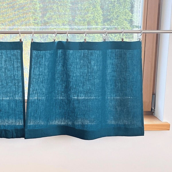 Dark Teal Cafe Curtains. Small Kitchen Curtains Kitchen Valance. Short Window Treatments. Rod Pocket Bathroom Curtains. Solid Linen Curtains