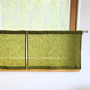 Moss Green Kitchen Cafe Curtains. Kitchen Valance. Small linen curtains. Small bathroom curtains. Window Treatments. Short window curtains.