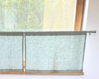 Sage Green Kitchen Cafe Curtains. Kitchen Valance. Small linen curtains. Small bathroom curtains. Window Treatments. Short window curtains.
