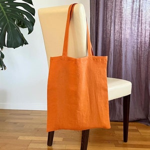 Orange Einkaufstasche aus Canvas. Solide Orange Leinen Einkaufstasche für Frauen, Männer. Natürliche wiederverwendbare Einkaufstasche. Umweltfreundliche Vegan Zero Waste Einkaufstasche