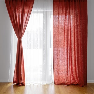 Terracotta Bohemian Curtains. Burnt Orange Linen Curtains 55&quot;/140 cm Wide Custom Length. Window Treatments. Rusty Boho Fabric Room Divider.