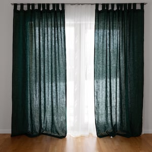 Dark Green Window Curtains. Tab top linen curtains 55&quot;/140 cm Wide. Flax Window Treatments for bedroom, living room. Extra long curtains.