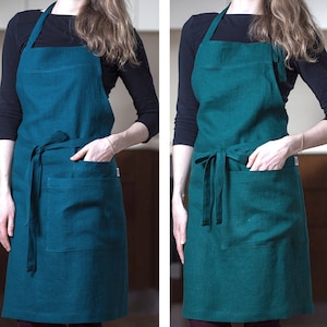 Dark teal apron. Green apron. Teal linen apron. Green linen apron. Adjustable bib apron with pockets. Long linen apron for men and women.