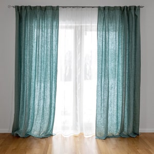 Aqua green curtains for bedroom or living room 55&quot;/140 cm Wide. Semi sheer coastal curtains. Caribbean green Linen Curtain Panels for Summer