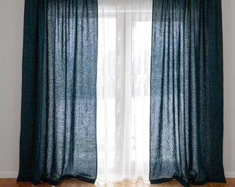 Peacock Blue Curtain Panels. Dark Teal Linen Curtains 55"/140 cm Wide. Solid Bluish Green Linen Curtain Panels for Living Room or Bedroom.