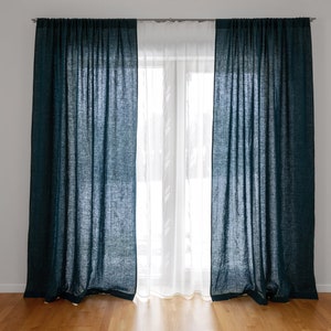 Peacock Blue Curtain Panels. Dark Teal Linen Curtains 55"/140 cm Wide. Solid Bluish Green Linen Curtain Panels for Living Room or Bedroom.