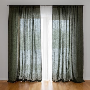Forest Green Linen Curtains for Bedroom or Living Room. Window Treatments 55&quot;/140 cm Wide. Flax Fabric Room Divider. Dark Green Linen Drapes