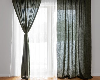 Dark forest green linen curtains for living room. Bedroom window treatments custom size 55''/140 cm wide. Room divider. Farmhouse curtains.