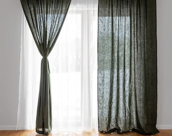 Dark forest green linen curtains for living room. Bedroom window treatments custom size 55&#39;&#39;/140 cm wide. Room divider. Farmhouse curtains.
