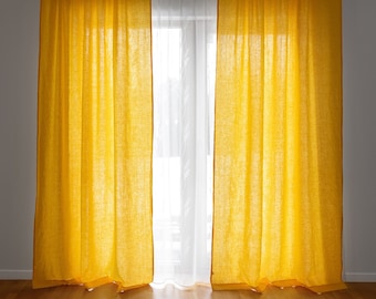 Yellow Curtains 55&quot;/140 cm Wide. Flax Linen Curtains for living room. Yellow Window Treatments. Bohemian Curtains. Minimalist Linen Drapes.