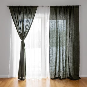 Dark forest green linen curtains for living room. Bedroom window treatments custom size 55&#39;&#39;/140 cm wide. Room divider. Farmhouse curtains.
