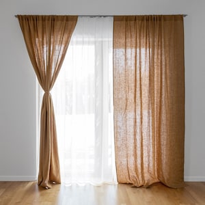 Camel Rod Pocket Linen Curtain Panels. Light Brown Linen Curtains. Solid Window Treatments. Semi Sheer curtains. Rustic Farmhouse Curtains.