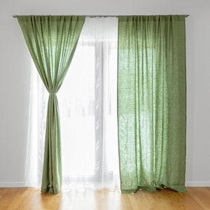 Light Green Summer Linen Curtain Panels 55&quot;/140 cm Wide. Semi Sheer Window Treatments. Linen Curtains for living room. Fabric Room Divider.