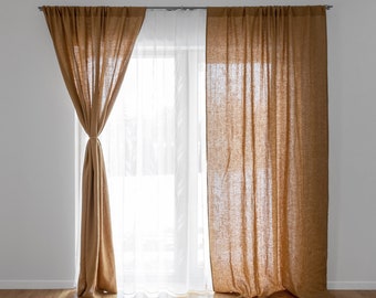 Camel Rod Pocket Linen Curtain Panels. Light Brown Linen Curtains. Solid Window Treatments. Semi Sheer curtains. Rustic Farmhouse Curtains.