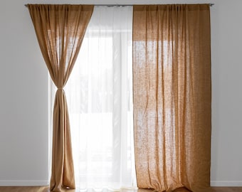 Camel Rod Pocket Linen Curtain Panels. Light Brown Linen Curtains. Solid Window Treatments. Semi Sheer curtains. Rustic Farmhouse Curtains.