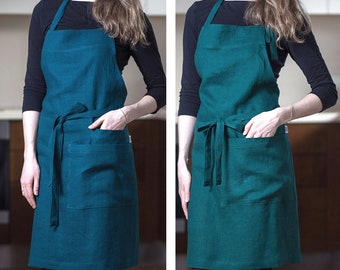 Dark teal apron. Green apron. Teal linen apron. Green linen apron. Adjustable bib apron with pockets. Long linen apron for men and women.