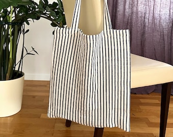 Linen tote bag. Striped linen bag. Linen shopping bag. Linen shoulder bag. Striped canvas tote bag. Market bag with blue and white stripes.