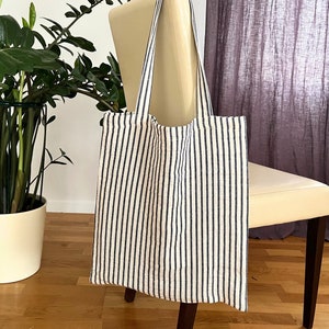 Linen tote bag. Striped linen bag. Linen shopping bag. Linen shoulder bag. Striped canvas tote bag. Market bag with blue and white stripes.
