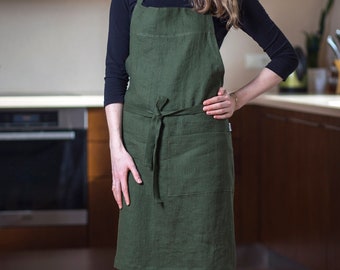 Buy Forest Green Linen Apron. Dark Green Kitchen Apron With