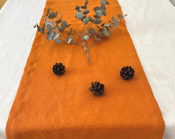 Orange linen table runner. Thanksgiving table runner. Dining table centerpiece. Orange home decor ideas for dining room. Kitchen table decor