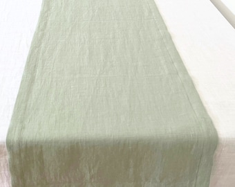 Bieżnik lniany Sage Green. Jasnozielony bieżnik na wiosnę i lato. Bardzo długi bieżnik. Naturalny bieżnik weselny Sage.