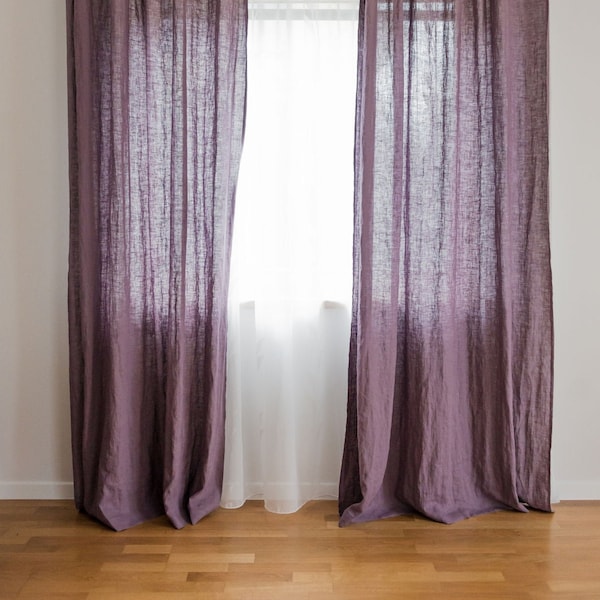 Mauve linen curtains custom size 55''/140 cm wide. Pastel purple window treatments. Dusty Violet Boho room divider. Purple living room decor