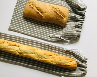 Juego de bolsas de pan de lino. Bolsa de pan de lino a rayas y juego de bolsas de baguette de lino. Regalo sostenible ecológico y cero residuos. Bolsas de pan minimalistas.