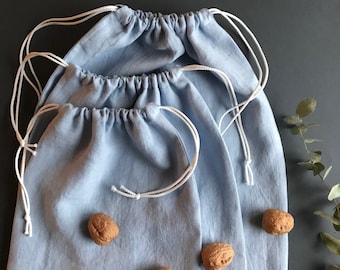 Zero dechet food bags, reusable produce bags, organic linen zero waste drawstring bags for seeds fruit and vegetables, nuts beans bread