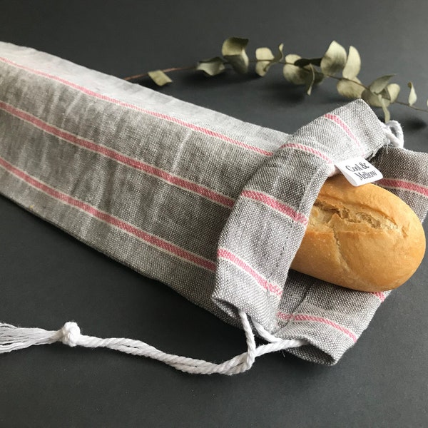 Linen baguette bag with grey and pink stripes. French bread shopping bag. Fresh bread storage bag. Eco-friendly and unique hostess gift idea