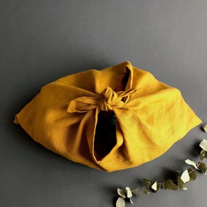 Natürliche Bentotasche aus 100% Leinen in senfgelb. Japanische Lunchbag für die Arbeit. Zero Waste vegane Lunchbag für Erwachsene. Einzigartige coole Projekttasche.