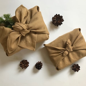 Camel brown linen furoshiki cloth. Zero waste fabric gift wrap. Dark beige furoshiki wrapping cloth. Eco-friendly gift wrapping ideas.