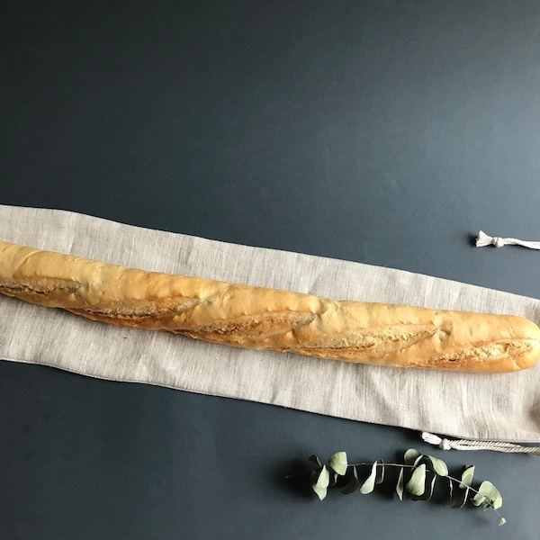 zero dechet linen baguette bag, organic linen bread bag keeper, French stick bags, reusable bread bags, natural fresh bakery shopping bags.