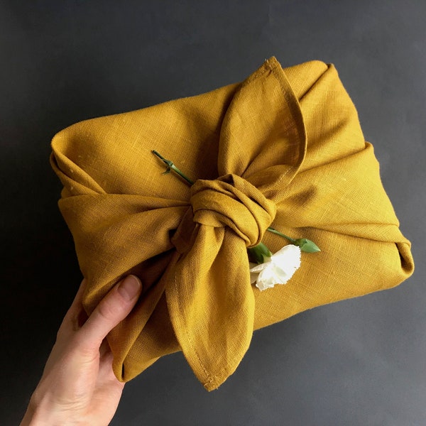 Mustard linen furoshiki cloth. Eco furoshiki wrapping cloth. Reusable gift wrapping cloth in small, medium and large. Minimalist gift wrap