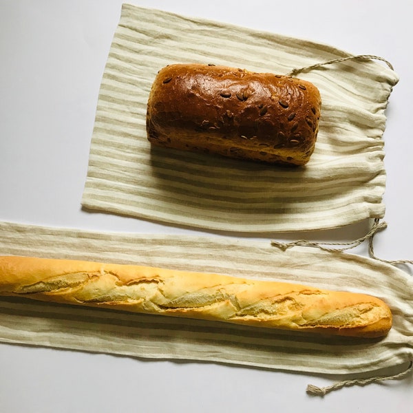Linen baguette bag and linen bread bag set. Drawstring linen bags for bread shopping. Bread storage bag. Reusable bread bag for french bread