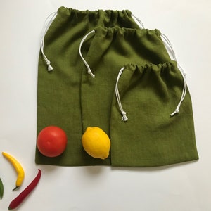 Moss green produce bags. Softened reusable produce bags. Light green linen drawstring bags for groceries, fruit and veggies. Linen gift bags