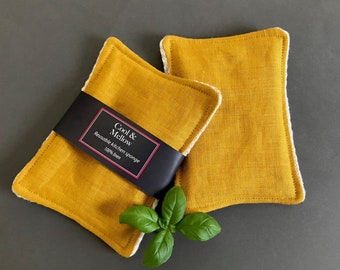 100% linen reusable sponge for your zero waste kitchen or bathroom. Eco-friendly dish cloth in mustard yellow. Multipurpose cleaning sponge