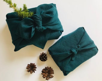 Dark teal furoshiki wrapping cloth. Linen furoshiki gift wrap. Furoshiki cloth. Eco-friendly fabric gift wrap in deep sea green colour.