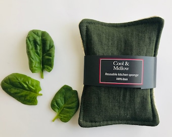 Dark green linen sponge for a zero waste kitchen. 100% natural reusable sponge. Eco friendly, washable kitchen sponge. Zero waste sponge.