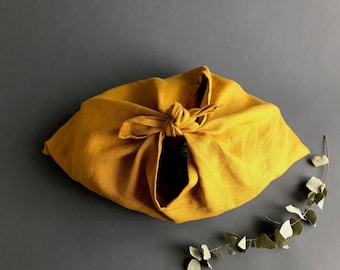 Natural 100% linen bento bag in mustard yellow. Japanese lunch bag for work. Zero waste vegan lunch bag for adults. Unique cool project bag.