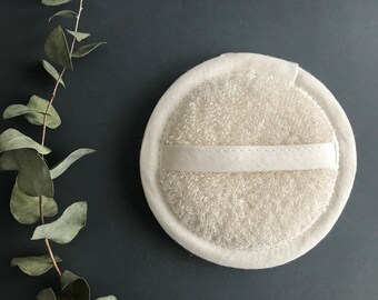 Organic linen bath sponge for Spa treatments and every day. Soft or exfoliating natural, eco friendly round shower sponge for men and women.