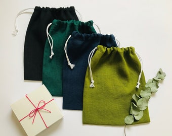 Reusable linen gift bags set of 4. 100% linen drawstring bags. Reusable produce bags set. Natural vegan food bags for fruit and vegetables.