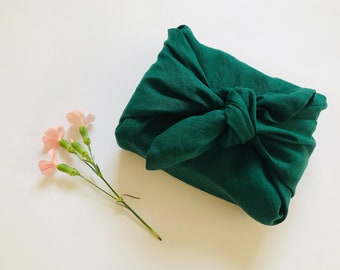 Dark green linen furoshiki wrapping cloth. Eco-friendly furoshiki cloth in small, medium and large. Sustainable gift wrap for holidays.