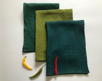 Linen dish towels with loop for hanging. Soft linen tea towels in green shades. Medium weight natural linen kitchen towels. Sustainable gift