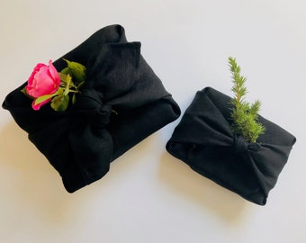 Black linen furoshiki gift wrap. Black furoshiki wrapping cloth. Eco-friendly furoshiki cloth. Sustainable fabric gift wrap ideas for men.