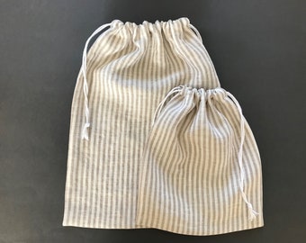 Lightweight linen produce bags reusable. Zero waste reusable produce bags in beige and cream white stripes. Striped linen drawstring bag set