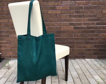 Dark green linen tote bag. Solid green canvas tote bag for women and men. Zero waste shopping bag. Eco-friendly reusable grocery bag.