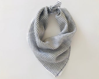 Striped Linen bandana with fringes. Neckerchief with white and blue stripes. Unisex linen kerchief for men, women, kids. Nautical scarf