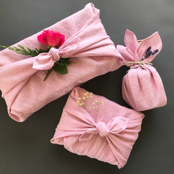 Rosa Furoshiki Tuch. Furoshiki Wickeltuch. Wiederverwendbares Geschenkverpackungstuch. Rosa Leinen Furoshiki Wrap für Frauen und Mädchen Geschenke.