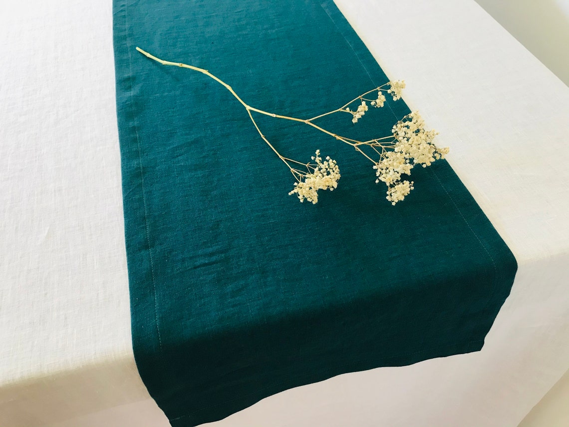Dark Teal Linen Table Runner. Solid Plain Table Runner. Dining Etsy