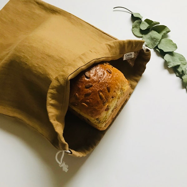 Camel brown linen bread bag. Beige linen baguette bread bag. Camel colour bread bag for bread shopping and storage. Drawstring bread bag.